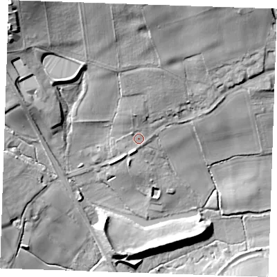 Shaded relief map of the ground around ME185NA, computed from Environment Agency LiDAR. The ground here sits at about 66 m above sea level and falls 35 m across the surrounding 800 m. Surface water reaching this point runs off ground lying to the north, 3.9 m higher.
