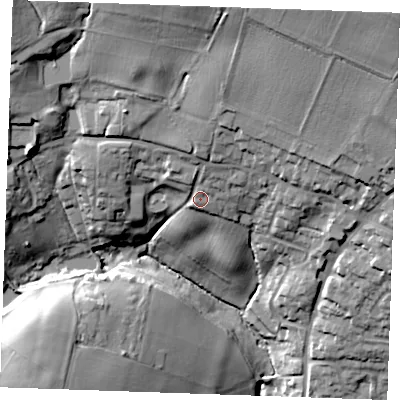 Shaded relief map of the ground around ME185NZ, computed from Environment Agency LiDAR. The ground here sits at about 36 m above sea level and falls 49 m across the surrounding 800 m. Surface water reaching this point runs off ground lying to the north, 7.0 m higher.