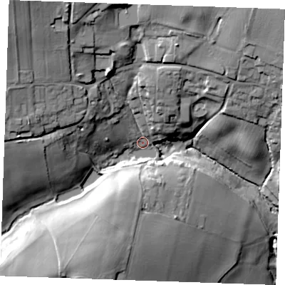 Shaded relief map of the ground around ME185PE, computed from Environment Agency LiDAR. The ground here sits at about 26 m above sea level and falls 41 m across the surrounding 800 m. Surface water reaching this point runs off ground lying to the north-west, 29.0 m higher.