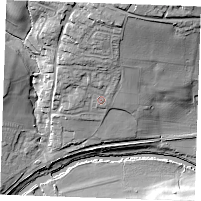 Shaded relief map of the ground around ME185RS, computed from Environment Agency LiDAR. The ground here sits at about 21 m above sea level and falls 40 m across the surrounding 800 m. Surface water reaching this point runs off ground lying to the north-north-east, 19.5 m higher.