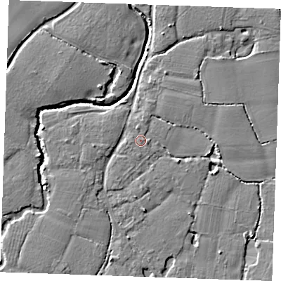 Shaded relief map of the ground around ME186AA, computed from Environment Agency LiDAR. The ground here sits at about 13 m above sea level and falls 5 m across the surrounding 800 m. Surface water reaching this point runs off ground lying to the east-south-east, 1.2 m higher.