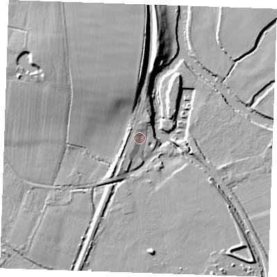 Shaded relief map of the ground around ME186AD, computed from Environment Agency LiDAR. The ground here sits at about 12 m above sea level and falls 15 m across the surrounding 800 m. Surface water reaching this point runs off ground lying to the north, 2.2 m higher.