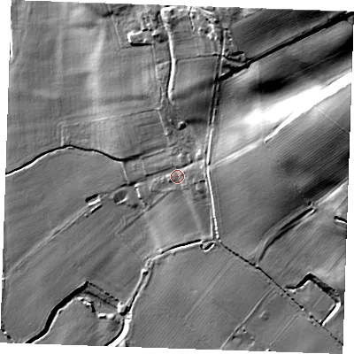 Shaded relief map of the ground around ME186AF, computed from Environment Agency LiDAR. The ground here sits at about 17 m above sea level and falls 58 m across the surrounding 800 m. Surface water reaching this point runs off ground lying to the east-north-east, 24.5 m higher.