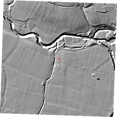 Shaded relief map of the ground around ME186AP, computed from Environment Agency LiDAR. The ground here sits at about 12 m above sea level and falls 10 m across the surrounding 800 m. Surface water reaching this point runs off ground lying to the south-south-west, 2.5 m higher.