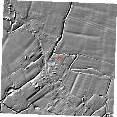 Shaded relief map of the ground around ME186AR, computed from Environment Agency LiDAR. The ground here sits at about 12 m above sea level and falls 6 m across the surrounding 800 m. Surface water reaching this point runs off ground lying to the south-south-west, 1.3 m higher.