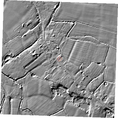 Shaded relief map of the ground around ME186AS, computed from Environment Agency LiDAR. The ground here sits at about 14 m above sea level and falls 6 m across the surrounding 800 m. Surface water reaching this point runs off ground lying to the south-east, 2.2 m higher.