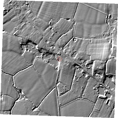 Shaded relief map of the ground around ME186AT, computed from Environment Agency LiDAR. The ground here sits at about 14 m above sea level and falls 11 m across the surrounding 800 m. Surface water reaching this point runs off ground lying to the east-south-east, 3.7 m higher.