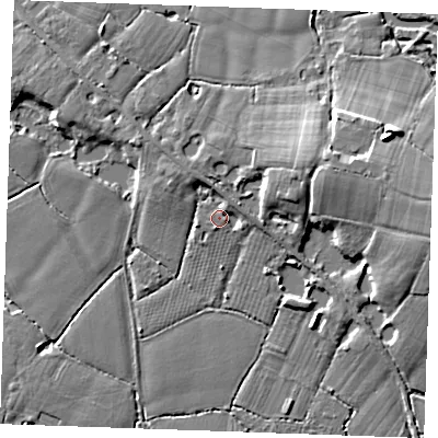 Shaded relief map of the ground around ME186AU, computed from Environment Agency LiDAR. The ground here sits at about 14 m above sea level and falls 13 m across the surrounding 800 m. Surface water reaching this point runs off ground lying to the north-north-east, 2.7 m higher.