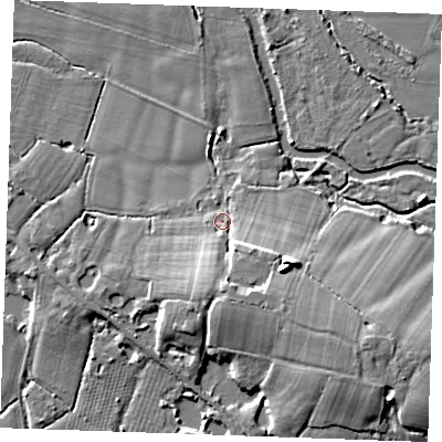 Shaded relief map of the ground around ME186AX, computed from Environment Agency LiDAR. The ground here sits at about 15 m above sea level and falls 13 m across the surrounding 800 m. Surface water reaching this point runs off ground lying to the south-south-east, 6.7 m higher.