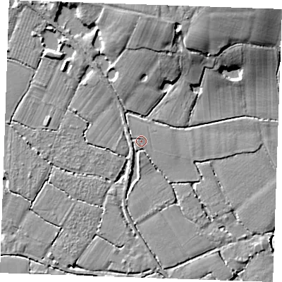Shaded relief map of the ground around ME186AZ, computed from Environment Agency LiDAR. The ground here sits at about 13 m above sea level and falls 11 m across the surrounding 800 m. Surface water reaching this point runs off ground lying to the west, 1.3 m higher.