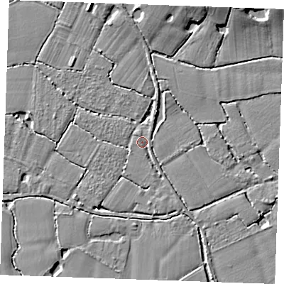Shaded relief map of the ground around ME186BA, computed from Environment Agency LiDAR. The ground here sits at about 13 m above sea level and falls 6 m across the surrounding 800 m. Surface water reaching this point runs off ground lying to the north-north-west, 1.2 m higher.