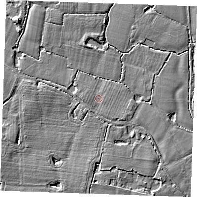 Shaded relief map of the ground around ME186BD, computed from Environment Agency LiDAR. The ground here sits at about 13 m above sea level and falls 5 m across the surrounding 800 m. Surface water reaching this point runs off ground lying to the south-east, 1.3 m higher.