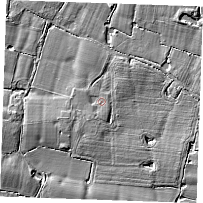 Shaded relief map of the ground around ME186BE, computed from Environment Agency LiDAR. The ground here sits at about 14 m above sea level and falls 5 m across the surrounding 800 m. Surface water reaching this point runs off ground lying to the south-south-west, 1.5 m higher.