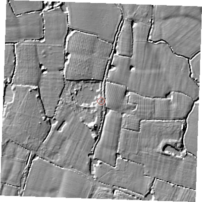 Shaded relief map of the ground around ME186BG, computed from Environment Agency LiDAR. The ground here sits at about 12 m above sea level and falls 5 m across the surrounding 800 m. Surface water reaching this point runs off ground lying to the south-south-west, 1.8 m higher.