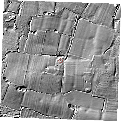 Shaded relief map of the ground around ME186BH, computed from Environment Agency LiDAR. The ground here sits at about 13 m above sea level and falls 6 m across the surrounding 800 m. Surface water reaching this point runs off ground lying to the south-south-west, 4.3 m higher.