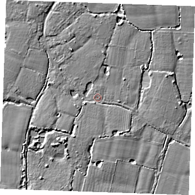 Shaded relief map of the ground around ME186BJ, computed from Environment Agency LiDAR. The ground here sits at about 12 m above sea level and falls 6 m across the surrounding 800 m. Surface water reaching this point runs off ground lying to the south-south-east, 3.1 m higher.