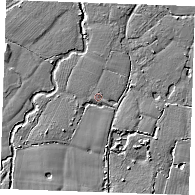 Shaded relief map of the ground around ME186BL, computed from Environment Agency LiDAR. The ground here sits at about 13 m above sea level and falls 7 m across the surrounding 800 m. Surface water reaching this point runs off ground lying to the south-west, 3.6 m higher.