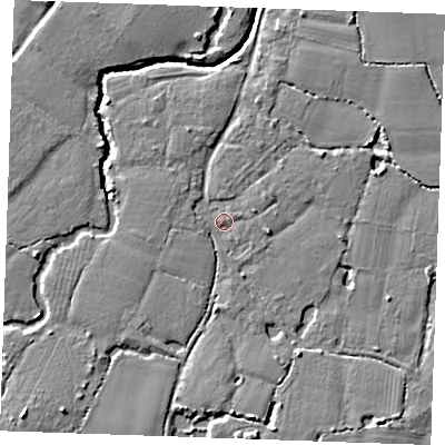 Shaded relief map of the ground around ME186BN, computed from Environment Agency LiDAR. The ground here sits at about 12 m above sea level and falls 7 m across the surrounding 800 m. Surface water reaching this point runs off ground lying to the south, 4.3 m higher.