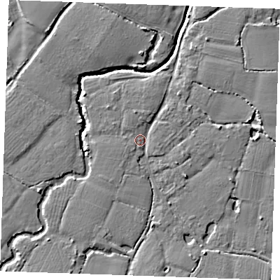 Shaded relief map of the ground around ME186BP, computed from Environment Agency LiDAR. The ground here sits at about 12 m above sea level and falls 5 m across the surrounding 800 m. Surface water reaching this point runs off ground lying to the south-south-east, 4.1 m higher.