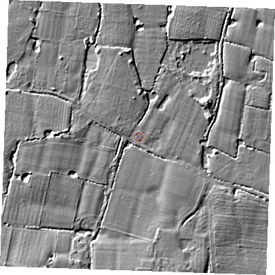 Shaded relief map of the ground around ME186BQ, computed from Environment Agency LiDAR. The ground here sits at about 13 m above sea level and falls 6 m across the surrounding 800 m. Surface water reaching this point runs off ground lying to the south-east, 2.6 m higher.