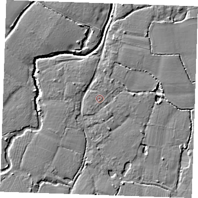 Shaded relief map of the ground around ME186BS, computed from Environment Agency LiDAR. The ground here sits at about 12 m above sea level and falls 5 m across the surrounding 800 m. The ground contributing surface water to this point lies to the north.