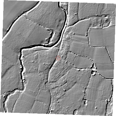 Shaded relief map of the ground around ME186BT, computed from Environment Agency LiDAR. The ground here sits at about 12 m above sea level and falls 5 m across the surrounding 800 m. Surface water reaching this point runs off ground lying to the south-south-east, 3.7 m higher.