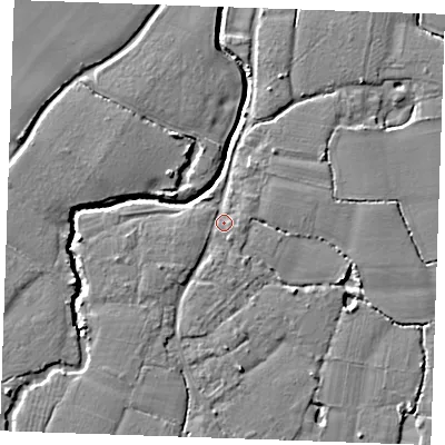 Shaded relief map of the ground around ME186BU, computed from Environment Agency LiDAR. The ground here sits at about 12 m above sea level and falls 5 m across the surrounding 800 m. Surface water reaching this point runs off ground lying to the south, 3.7 m higher.
