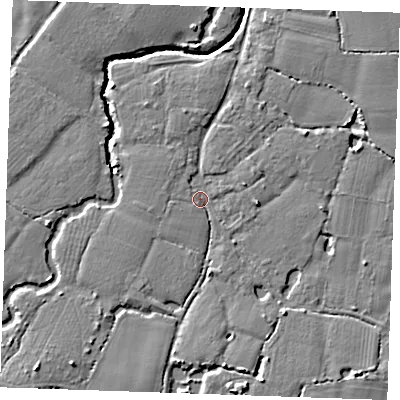 Shaded relief map of the ground around ME186BW, computed from Environment Agency LiDAR. The ground here sits at about 12 m above sea level and falls 7 m across the surrounding 800 m. Surface water reaching this point runs off ground lying to the south-south-east, 4.3 m higher.