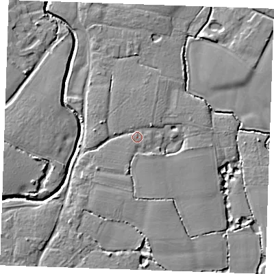 Shaded relief map of the ground around ME186BX, computed from Environment Agency LiDAR. The ground here sits at about 13 m above sea level and falls 6 m across the surrounding 800 m. Surface water reaching this point runs off ground lying to the north-east, 2.8 m higher.