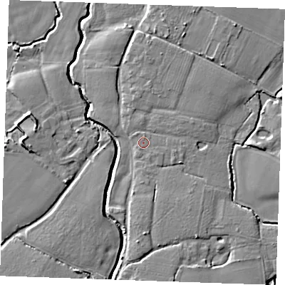 Shaded relief map of the ground around ME186BY, computed from Environment Agency LiDAR. The ground here sits at about 12 m above sea level and falls 8 m across the surrounding 800 m. Surface water reaching this point runs off ground lying to the east-south-east, 0.7 m higher.