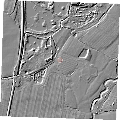 Shaded relief map of the ground around ME186BZ, computed from Environment Agency LiDAR. The ground here sits at about 13 m above sea level and falls 5 m across the surrounding 800 m. Surface water reaching this point runs off ground lying to the east-south-east, 0.8 m higher.
