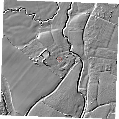 Shaded relief map of the ground around ME186DA, computed from Environment Agency LiDAR. The ground here sits at about 12 m above sea level and falls 8 m across the surrounding 800 m. Surface water reaching this point runs off ground lying to the west, 4.5 m higher.