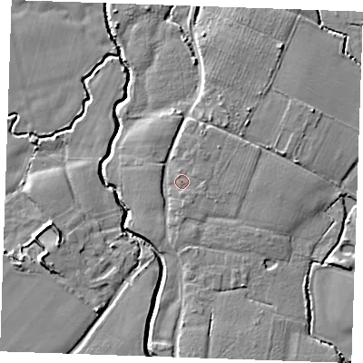 Shaded relief map of the ground around ME186DB, computed from Environment Agency LiDAR. The ground here sits at about 12 m above sea level and falls 8 m across the surrounding 800 m. Surface water reaching this point runs off ground lying to the north-north-east, 1.3 m higher.
