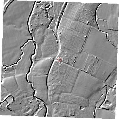 Shaded relief map of the ground around ME186DD, computed from Environment Agency LiDAR. The ground here sits at about 12 m above sea level and falls 8 m across the surrounding 800 m. Surface water reaching this point runs off ground lying to the east, 2.1 m higher.