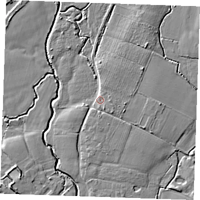 Shaded relief map of the ground around ME186DE, computed from Environment Agency LiDAR. The ground here sits at about 12 m above sea level and falls 8 m across the surrounding 800 m. Surface water reaching this point runs off ground lying to the east, 2.4 m higher.