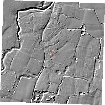 Shaded relief map of the ground around ME186DG, computed from Environment Agency LiDAR. The ground here sits at about 12 m above sea level and falls 7 m across the surrounding 800 m. Surface water reaching this point runs off ground lying to the north-east, 0.9 m higher.