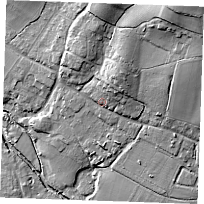 Shaded relief map of the ground around ME186DP, computed from Environment Agency LiDAR. The ground here sits at about 21 m above sea level and falls 36 m across the surrounding 800 m. Surface water reaching this point runs off ground lying to the north-east, 10.1 m higher.