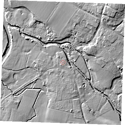 Shaded relief map of the ground around ME186DQ, computed from Environment Agency LiDAR. The ground here sits at about 11 m above sea level and falls 20 m across the surrounding 800 m. Surface water reaching this point runs off ground lying to the south, 2.0 m higher.