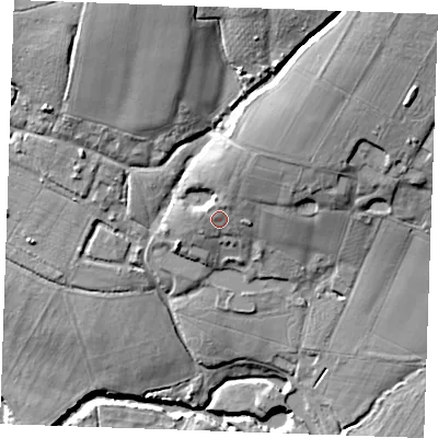 Shaded relief map of the ground around ME186DY, computed from Environment Agency LiDAR. The ground here sits at about 21 m above sea level and falls 29 m across the surrounding 800 m. Surface water reaching this point runs off ground lying to the north-north-east, 5.3 m higher.