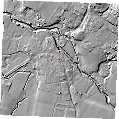 Shaded relief map of the ground around ME186EJ, computed from Environment Agency LiDAR. The ground here sits at about 11 m above sea level and falls 20 m across the surrounding 800 m. Surface water reaching this point runs off ground lying to the south-south-west, 1.7 m higher.