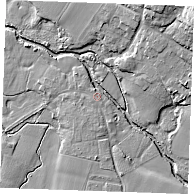 Shaded relief map of the ground around ME186EL, computed from Environment Agency LiDAR. The ground here sits at about 11 m above sea level and falls 21 m across the surrounding 800 m. Surface water reaching this point runs off ground lying to the south-east, 1.3 m higher.