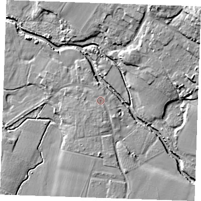 Shaded relief map of the ground around ME186EN, computed from Environment Agency LiDAR. The ground here sits at about 11 m above sea level and falls 21 m across the surrounding 800 m. Surface water reaching this point runs off ground lying to the south, 1.8 m higher.