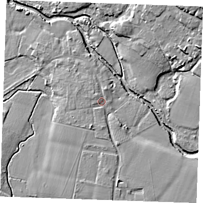 Shaded relief map of the ground around ME186ER, computed from Environment Agency LiDAR. The ground here sits at about 12 m above sea level and falls 16 m across the surrounding 800 m. Surface water reaching this point runs off ground lying to the south-south-west, 2.8 m higher.