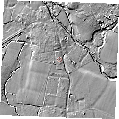 Shaded relief map of the ground around ME186ES, computed from Environment Agency LiDAR. The ground here sits at about 12 m above sea level and falls 12 m across the surrounding 800 m. The ground contributing surface water to this point lies to the south.