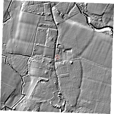 Shaded relief map of the ground around ME186ET, computed from Environment Agency LiDAR. The ground here sits at about 12 m above sea level and falls 8 m across the surrounding 800 m. Surface water reaching this point runs off ground lying to the east-south-east, 3.4 m higher.