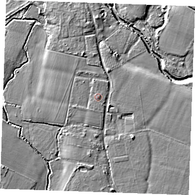 Shaded relief map of the ground around ME186EU, computed from Environment Agency LiDAR. The ground here sits at about 13 m above sea level and falls 9 m across the surrounding 800 m. Surface water reaching this point runs off ground lying to the south, 0.6 m higher.