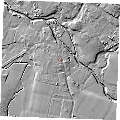 Shaded relief map of the ground around ME186EW, computed from Environment Agency LiDAR. The ground here sits at about 12 m above sea level and falls 20 m across the surrounding 800 m. Surface water reaching this point runs off ground lying to the south-south-west, 1.8 m higher.