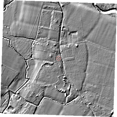 Shaded relief map of the ground around ME186EX, computed from Environment Agency LiDAR. The ground here sits at about 12 m above sea level and falls 7 m across the surrounding 800 m. Surface water reaching this point runs off ground lying to the south-south-east, 3.8 m higher.