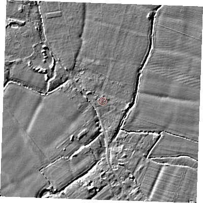 Shaded relief map of the ground around ME186EY, computed from Environment Agency LiDAR. The ground here sits at about 12 m above sea level and falls 6 m across the surrounding 800 m. Surface water reaching this point runs off ground lying to the east-south-east, 1.5 m higher.