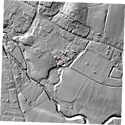 Shaded relief map of the ground around ME186FF, computed from Environment Agency LiDAR. The ground here sits at about 16 m above sea level and falls 25 m across the surrounding 800 m. Surface water reaching this point runs off ground lying to the north, 4.5 m higher.